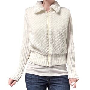 Tiara | Y2K White Faux Fur Ribbed Knit Zip Front Sweater